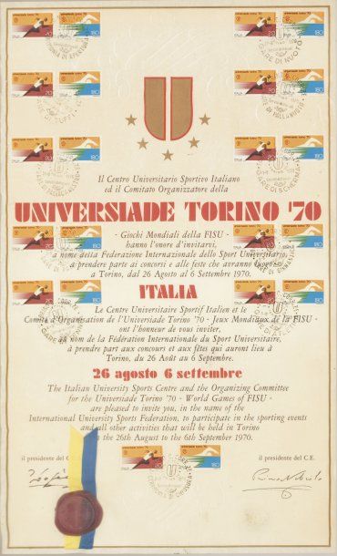 OMNISPORTS Diplôme de Participation aux Universiades de Turin de 1970. Document philatélique,...