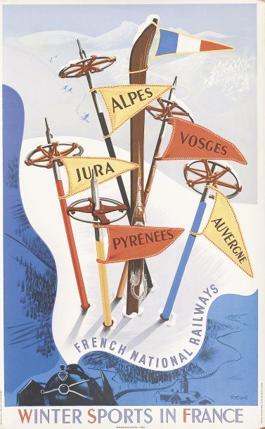 SPORT D'HIVER VECAUX. Affiche pour les Sports d'Hiver en France. 1947. Imprimerie...