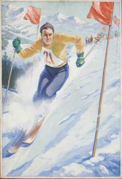 SKI "Skieur en slalom". Gouache sur papier. Maquette d'affiche. Ecole Russe. 85 x...