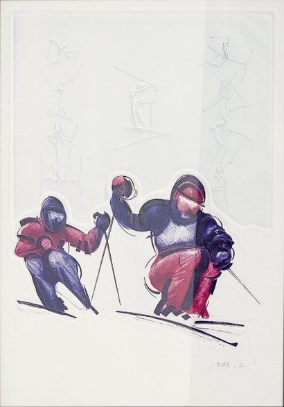 SKI BAR Alain. "Ski Artistique". Lithographie originale en couleurs signée en marge...