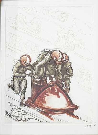 BOBSLEIGH BAR Alain. "Le Bobsleigh". Lithographie originale en couleurs signée en...