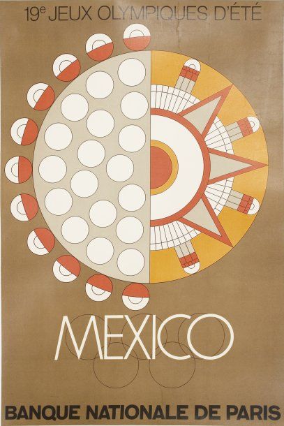 JEUX OLYMPIQUES Affiche des Jeux Olympiques de Mexico. 1968. 90 x 60 cm. Effrangée....