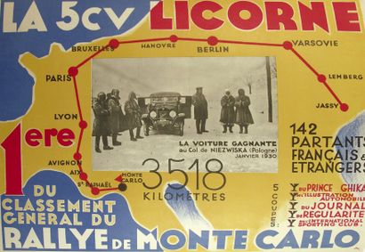 AUTOMOBILE Affiche pour la S.C.V. Licorne. 1ère du classement général du Rallye de...