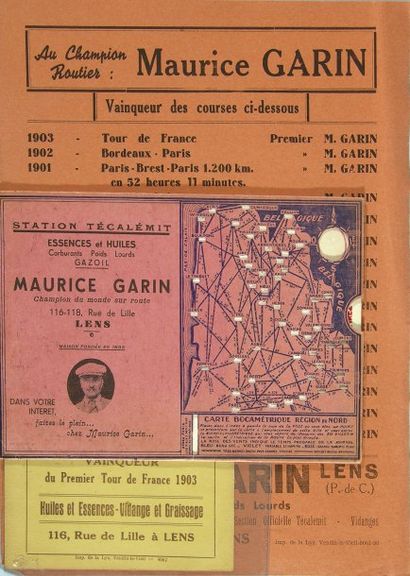 CYCLISME Lot Maurice Garin. Ensemble de 3 documents publicitaires au nom de Maurice...