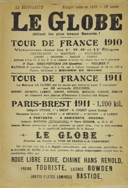 CYCLISME Publicité pour les Cycles "le Globe". Circa 1911. 21 x 30 cm.