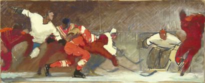 JEUX OLYMPIQUES Gouache de Boris Talberg. Le Hockey aux Jeux Olympiques, 1956, de...