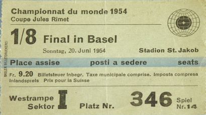 FOOTBALL Billet du 1/8 de finale de la Coupe du Monde de football de 1954 à Bâle...