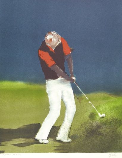 GOLF Epreuve d'artiste en couleurs de Spahn. Golfeur. 55,5 x 76 cm. Contresigné en...