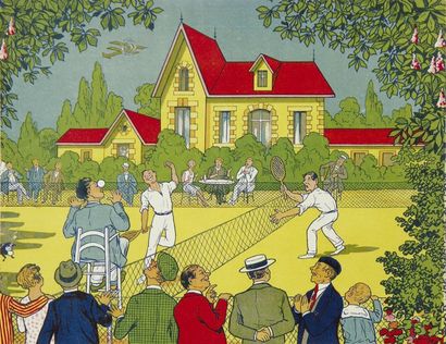 TENNIS Chromolithographie "Accident au tennis" Couvercle de boite de jeux. Circa...