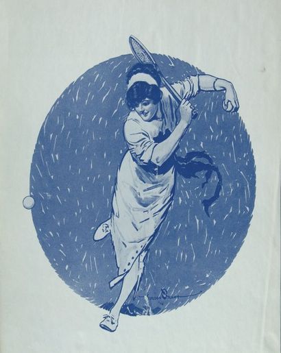 TENNIS Tirage bleu de Gordon Grant. 1914. Revers. 33 x 50,5 cm.