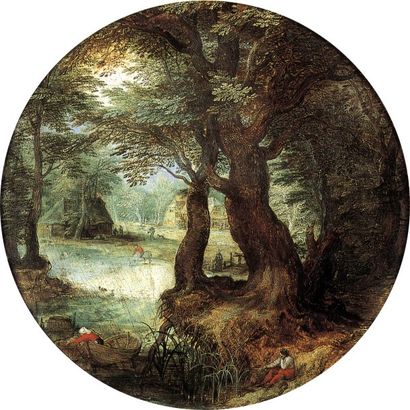 BRUEGHEL de VELOURS (J. 1568-1625) Pêcheur au bord d'une rivière dans un sous bois...