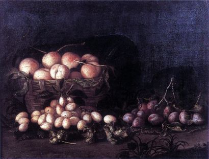 DUPUIS (Pierre, 1610-1682) - attribué à Nature morte au panier de pêches, de prunes...