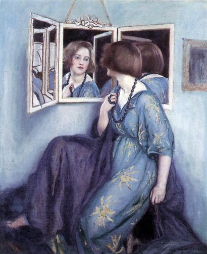 LEROUX (Auguste, 1871-1954) " Jeune élégante devant son miroir " Huile sur toile,...