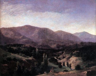 BIDEAULT (Jean Joseph Xavier, 1758-1846) " Une vallée de montagne " Huile sur carton...