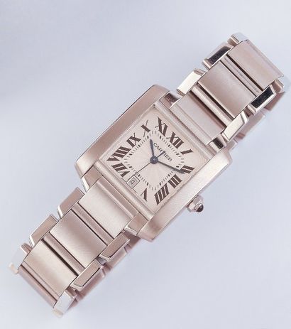 CARTIER TANK FRANÇAISE. BRACELET-MONTRE en acier. Cadran argent. Date. Trotteuse...