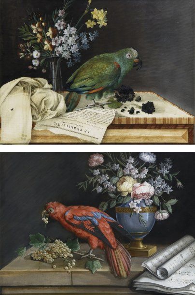 null Antoine Germain BEVALLET (1778-1850) Paire de natures mortes de fleurs et fruits...