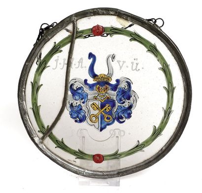 null Vitrail aux armes des Uechtritz Saxe, 1690. Rondelle de verre montée en étain,...