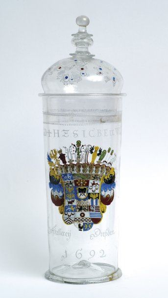 null Grand verre émaillé « Hofkellereyglas » Dresde, 1692. Grand gobelet cylindrique...
