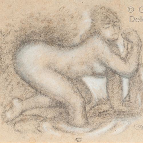 Aristide MAILLOL (1861 1944) 拱门式浴池 
灰色纸上的炭笔、铅笔和粉笔。 
右下角有图案。 
底部有Jacques Pradier收&hellip;