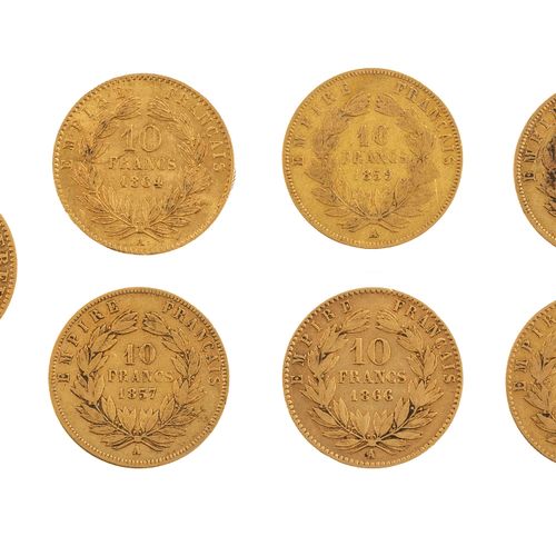 Null Lot de sept pièces de 10 francs Napoléon III, quatre à la tête laurée et tr&hellip;