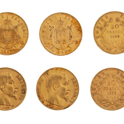 Null Lot de six pièces de 20 francs Napoléon III, deux à la tête laurée et quatr&hellip;