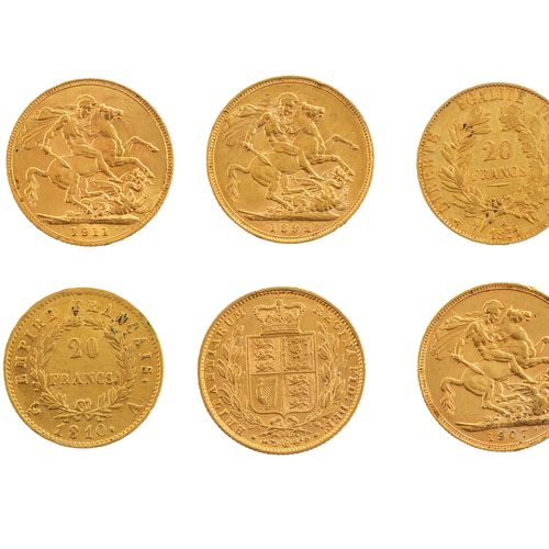 Null Lot de neuf pièces, dont:

Cinq souverains anglais datés 1870, 1892, 1901, &hellip;