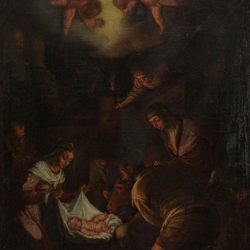 Null Ecole Espagnole XVIIe s

Adoration des bergers, huile sur toile, 115x97 cm