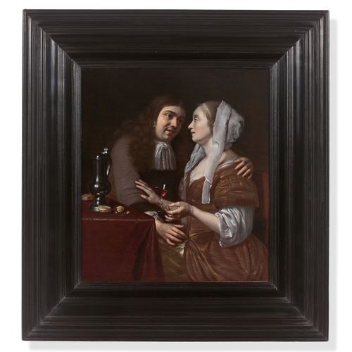 Null Ecole de Leyde, XVIIe siècle 
Couple amoureux au verre de vin
Huile sur pan&hellip;