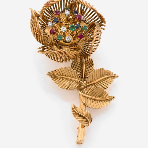 Null BOUCHERON 
Clip de corsage
En or jaune 18k, stylisant une rose à décor fine&hellip;