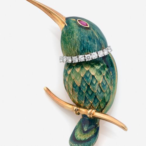 Null CHRISTOFFEL 
Broche Oiseau
En or jaune 18k, stylisant un martin pêcheur, ém&hellip;