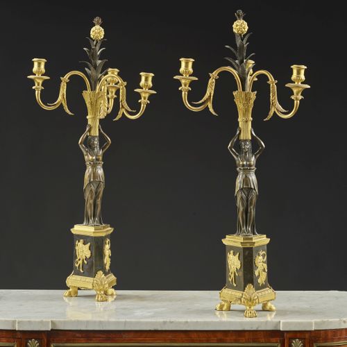 Null PAIR OF EMPIRE PERIOD CANDELABRA 
In chased, patinated and gilded bronze, w&hellip;