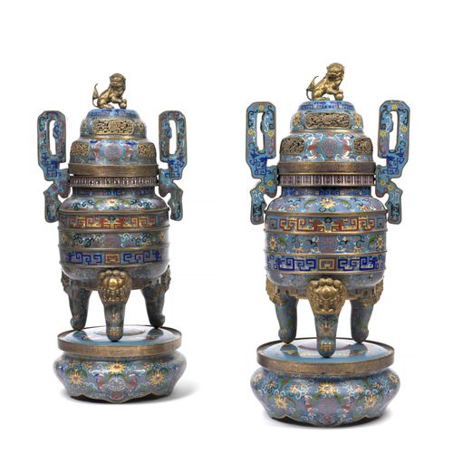 Null PAIR OF GOLDEN COPPER AND ENAMEL COVERED TRIPOD BURNERS AND SUPPORTS, China&hellip;