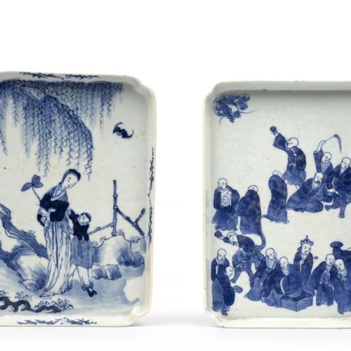Null 两只白色蓝色波纹瓷圆盘，越南，19世纪

 
一个装饰着十八个罗汉，另一个装饰着柳树下的女人和孩子；略有磨损 

尺寸：24.5 × 17.5和25 &hellip;