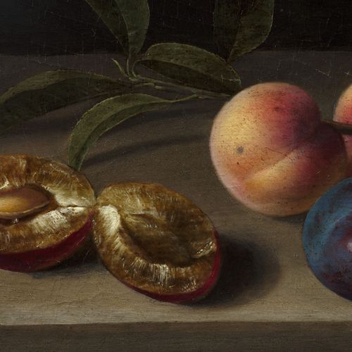 Null 路易丝-莫荣，巴黎，1610 - 1696 年
水果静物：桃子、杏子和李子，一个打开，放在木桌上
橡木面板，一块木板
右下方有签名 "Louyse M&hellip;