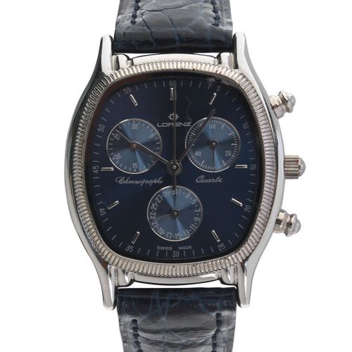 LORENZ - MONTRE chronographe d'homme en acier, boîtier tonneau, cadran bleu à tr&hellip;