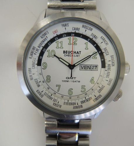 BEUCHAT Montre d'homme en acier modèle Check list. Réf. 551439. Fond blanc. Brac&hellip;