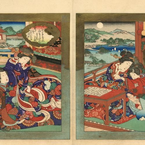 SHÔZAN, KOIKAWA, 1821 - 1907 Yoko-ôban (2x hosoban).Kagetsu Genji - 源氏罗曼的典故_x000&hellip;
