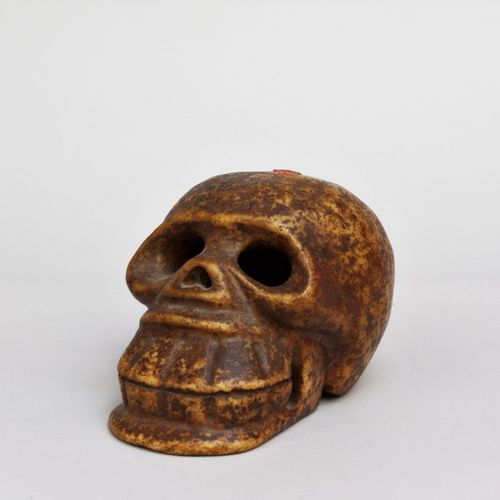 VARIA Sculpture d'un crâne de primate. Pierre jaune miel, patine brune. H. 10,2,&hellip;