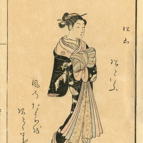 HARUNOBU, SUZUKI, 1724-1770 科班。Ehon Seiro Bijin Awase - 关于绿屋美景的画册。一个正在散步的宫女。日期：1&hellip;