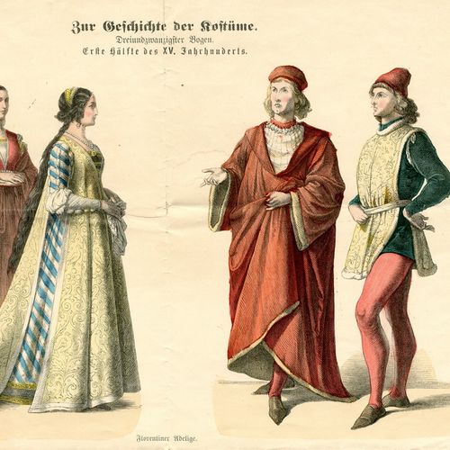 MODE 2张关于服装历史的画页，2幅关于巴黎时尚的钢版画，1幅钢版画《新娘前夕》。(580)