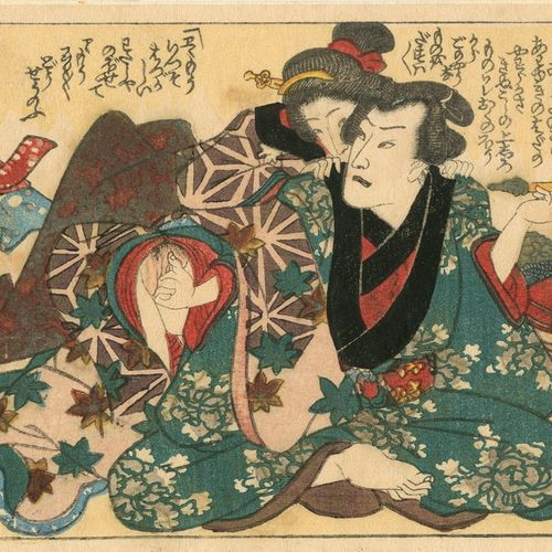 KUNISADA, UTAGAWA - zugeschrieben, 1786-1865 Shunga. 9,5:12cm. Drifting maple le&hellip;