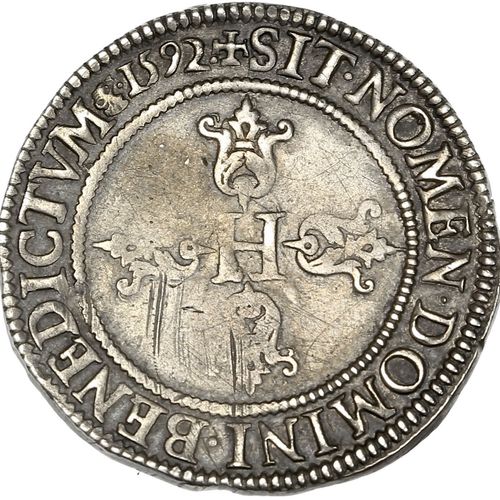 Null Demi franc. 1592. Saint-Lô. 6,74 g. Buste du roi à droite, lauré et cuirass&hellip;