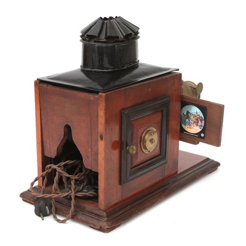 Null A mahogany, elektrical magic lantern, together with a collection of glass s&hellip;