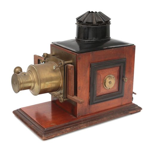 Null A mahogany, elektrical magic lantern, together with a collection of glass s&hellip;
