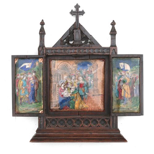 Null A carved oak triptych with three enameled plaques: knights from the crusade&hellip;