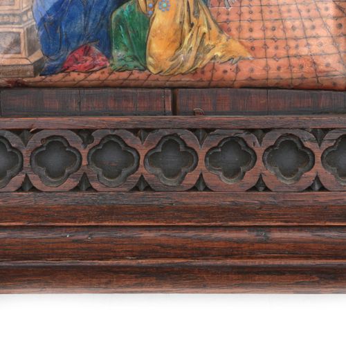 Null A carved oak triptych with three enameled plaques: knights from the crusade&hellip;