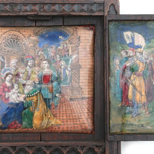 Null A carved oak triptych with three enameled plaques: knights from the crusade&hellip;