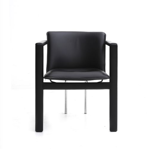 Null An armchair with black leather upholstery and chrome back legs, Leolux. Hig&hellip;