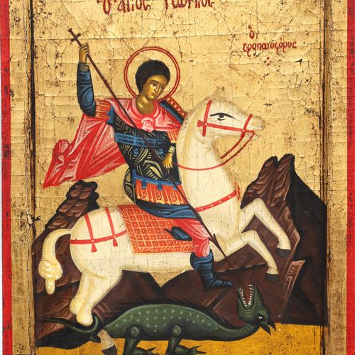 Een Grieks ikoon 一幅现代希腊绘画的圣乔治和龙的图标。传统的绘画和金箔装饰。31 x 22,5 cm。