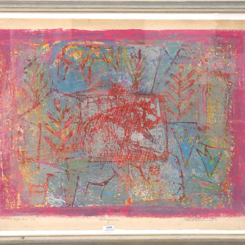 Null 粉红色框架的抽象构图，注释为 "自己的印刷品，日期为1959年b.R.，标题为 "动物园"，石版画，56 x 75.5厘米。